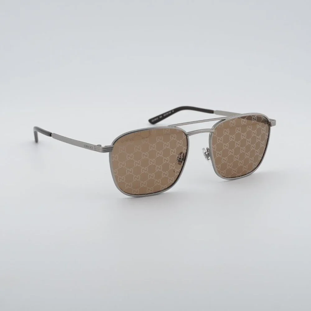 Gucci GG1881S 004 Sunglasses Silver Square Frame, Brown with GG Pattern Lenses